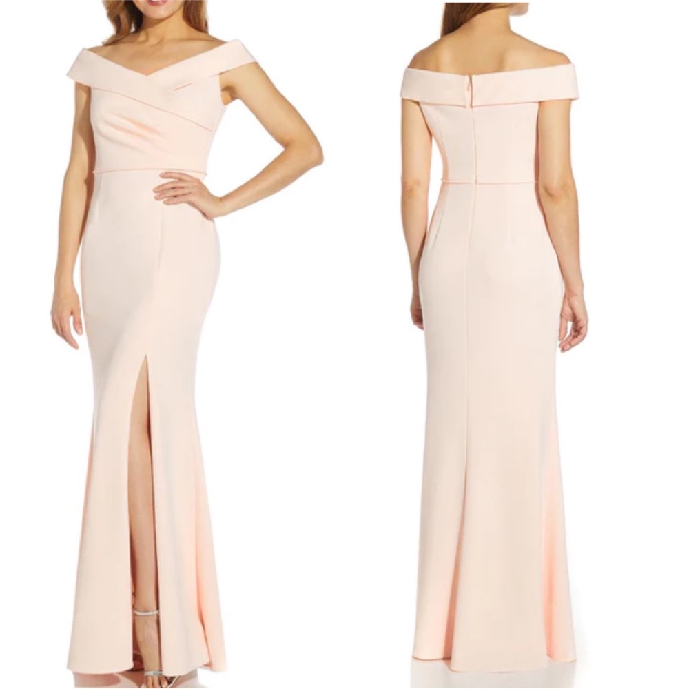 Adrianna Papell Off The Shoulder Front Slit Maxi Evening Dress Knit Crepe Gown